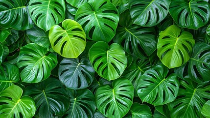 Wall Mural - Lush tropical foliage with vibrant green monstera leaves creating a dense natural pattern