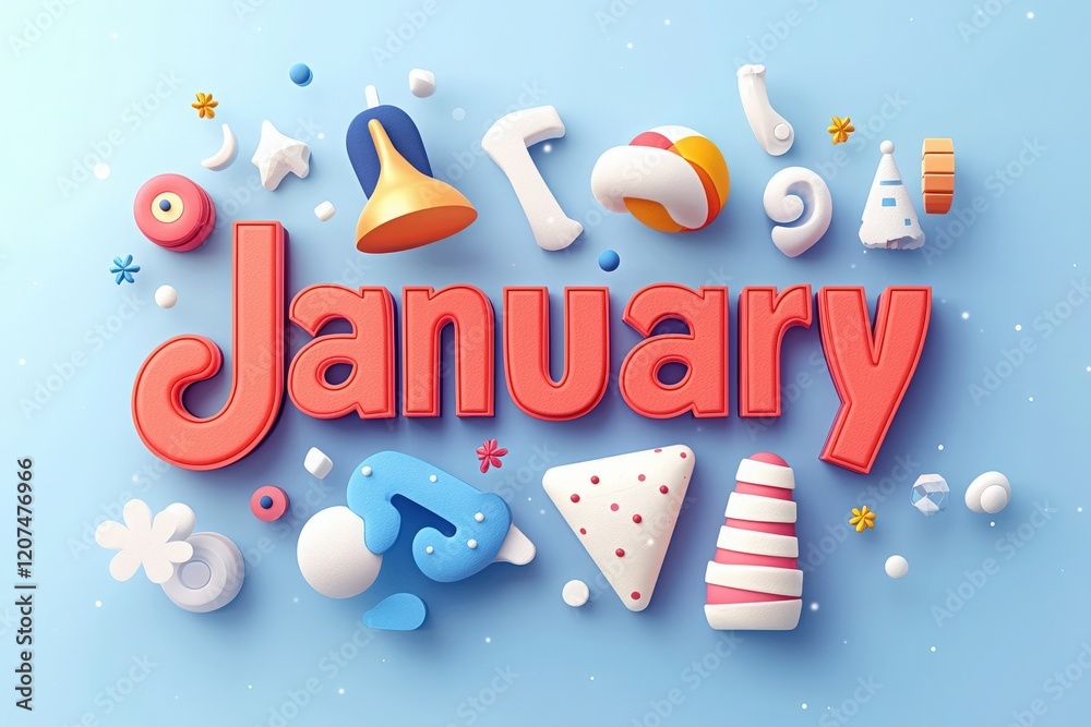 Bold letters spelling January are surrounded by vibrant, whimsical shapes like bells, stars, and hats. The cheerful colors create a festive atmosphere, perfect for welcoming the new year.