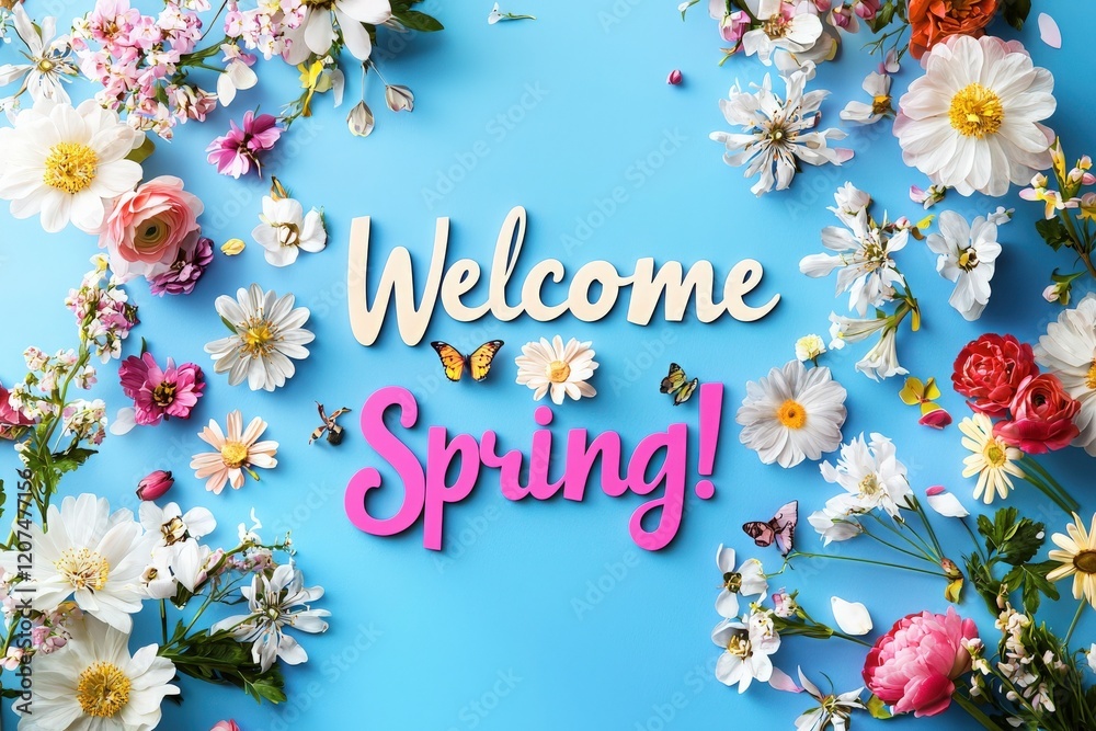 Bright, vivid flowers surround cheerful text that invites the arrival of spring. The backdrop of soft blue enhances the joyful theme of renewal and growth in nature.
