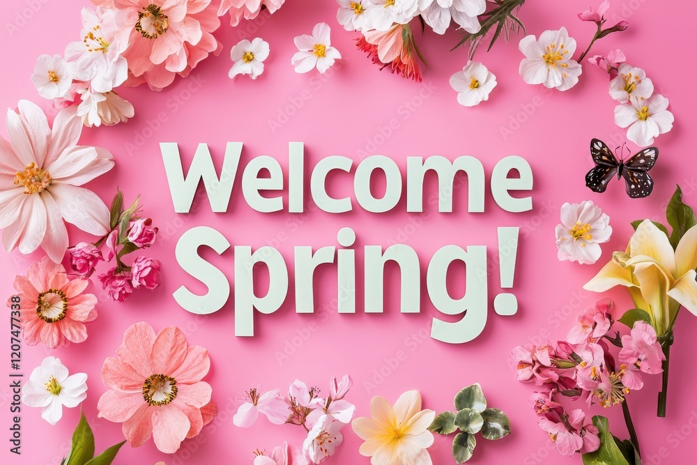 Brightly colored flowers surround the cheerful message welcoming spring on a pink background. The arrangement includes various blooms and a butterfly, creating a festive atmosphere.