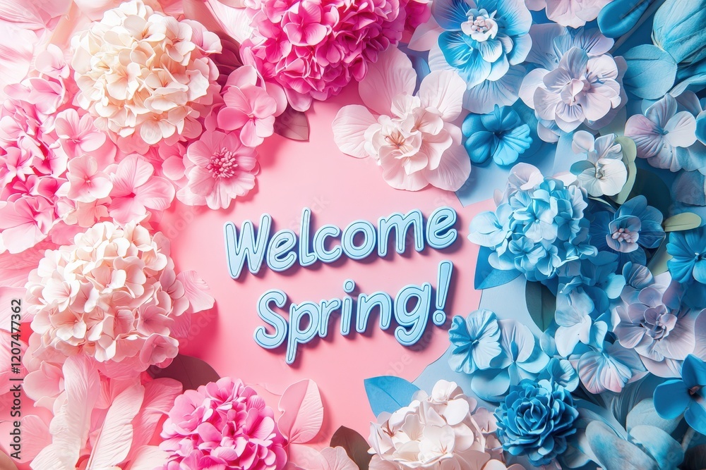 Colorful paper flowers in shades of pink and blue surround a cheerful message, signaling the arrival of spring. This vibrant decoration evokes feelings of joy and renewal.