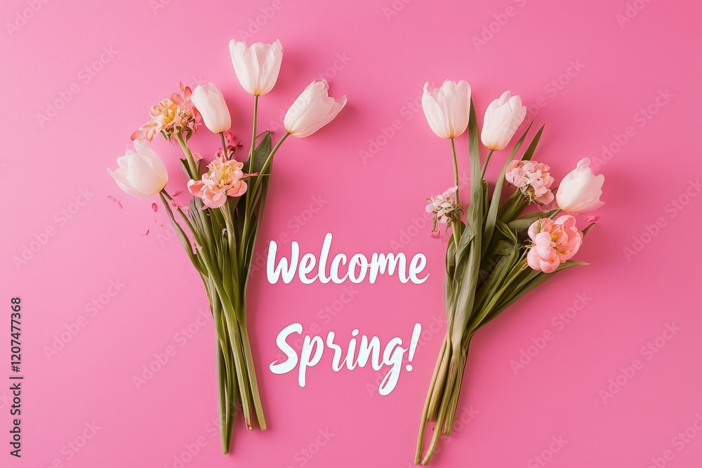 Vibrant white and pink flowers are displayed on a bright pink surface, celebrating the arrival of spring with a cheerful welcome message in the center.