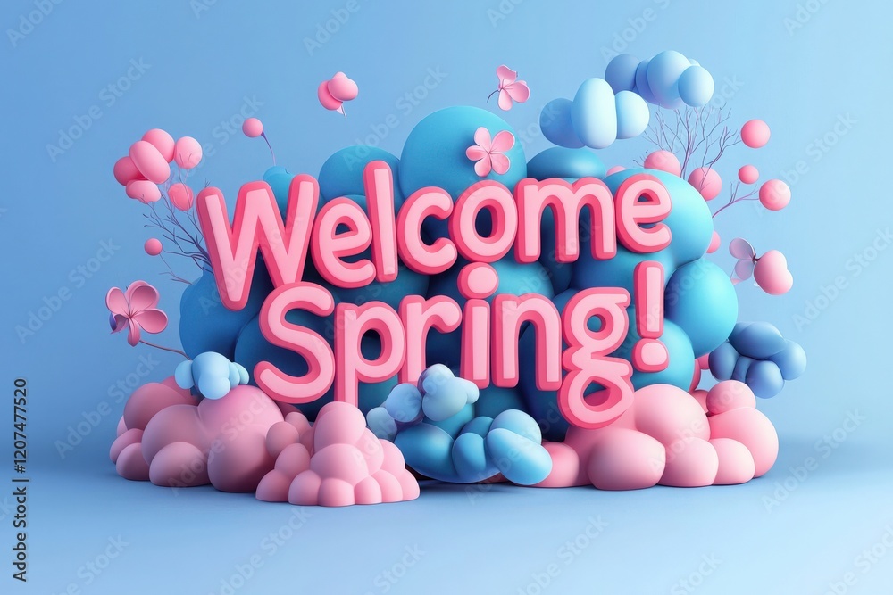 Spring arrives with a burst of color featuring playful clouds and blossoms. Bold text invites everyone to embrace the season of renewal and warmth, creating a feeling of joy and excitement.