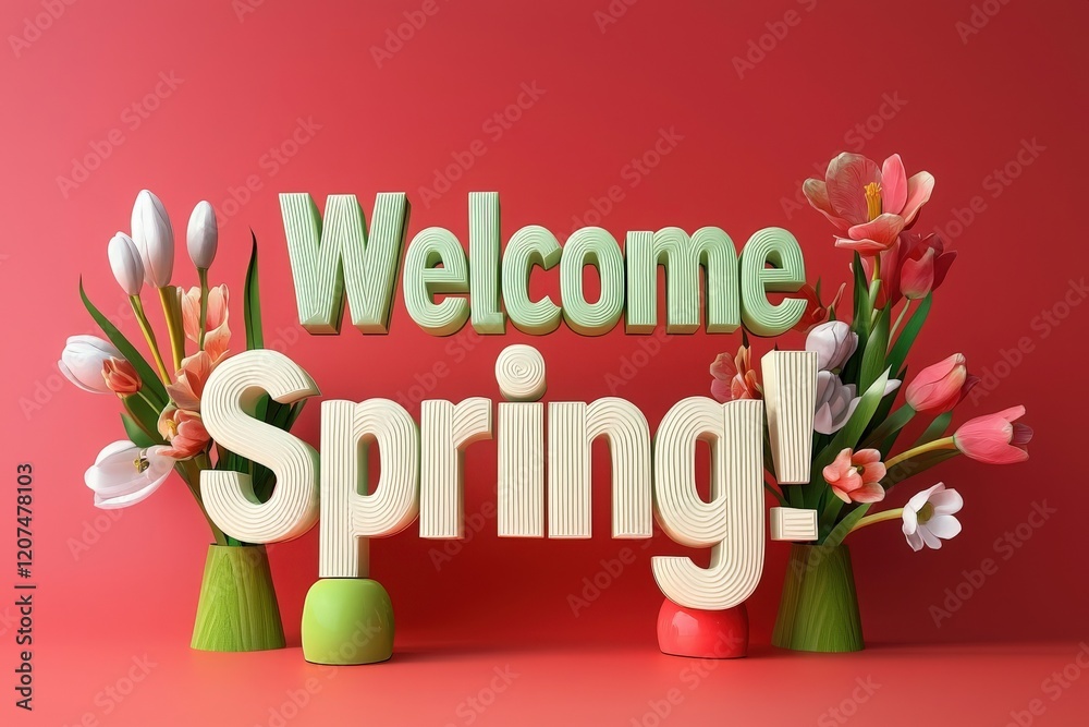 Colorful vases filled with blooming flowers surround cheerful letters welcoming the arrival of spring. The bright backdrop enhances the festive atmosphere of the season.