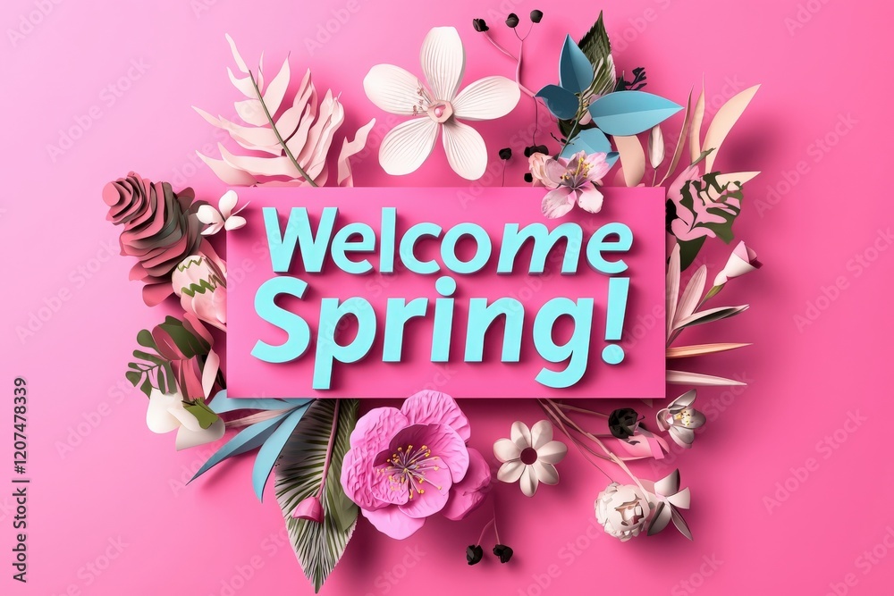 A cheerful display celebrates the arrival of spring with colorful paper flowers and leaves on a bright pink background.