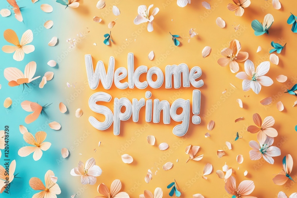 Bright and cheerful decorations showcase the arrival of spring, with pastel-colored flowers and butterflies set against a vibrant background. The phrase welcomes the joyful season ahead.