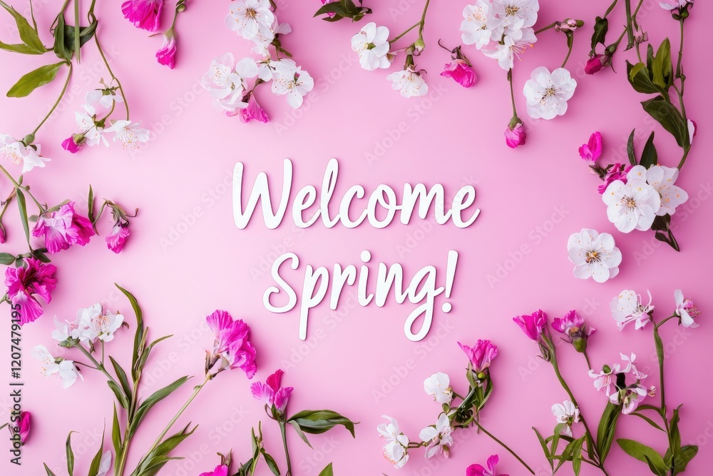 A vibrant display of various flowers surrounds the phrase Welcome Spring on a pink background, capturing the essence of the season with bright colors and lively blooms.