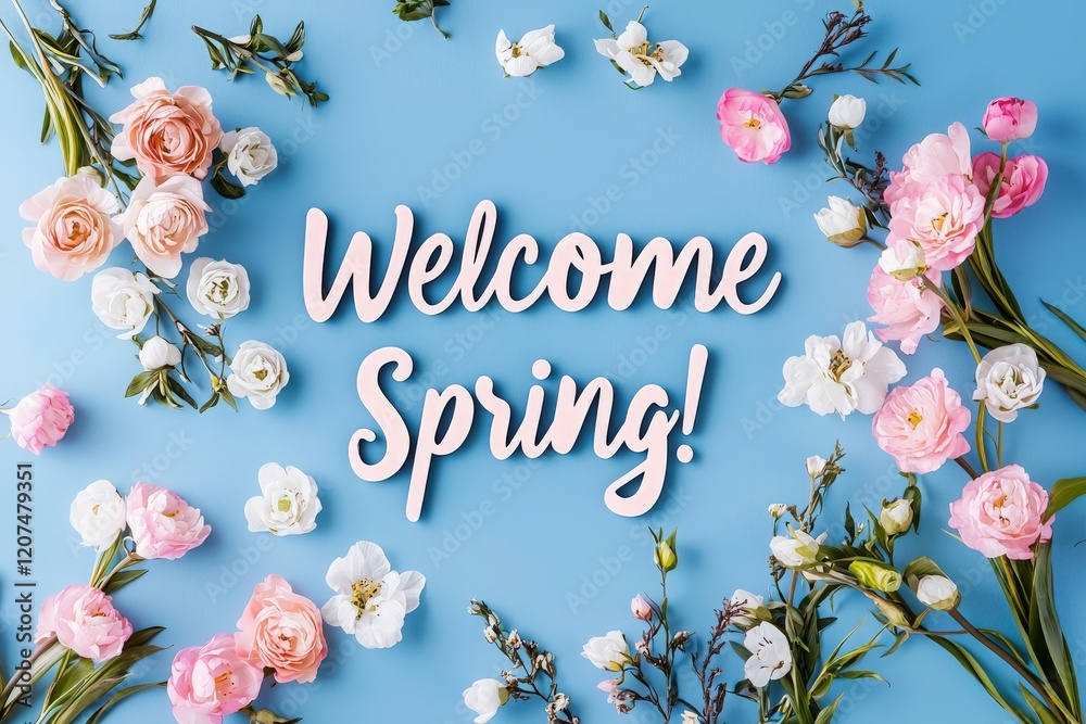 Colorful flowers are artistically arranged around a cheerful message welcoming spring. The vibrant hues of pink and white bring a fresh, lively energy to the scene.