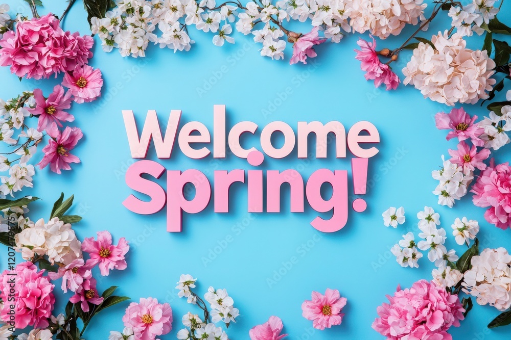 Bright pink and white flowers surround a cheerful announcement about spring. The colorful setup creates a joyful atmosphere perfect for welcoming the new season.
