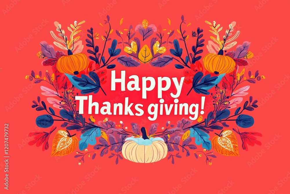 Vibrant autumn-themed design featuring festive pumpkins and foliage with a cheerful Thanksgiving message. Perfect for holiday celebrations and decorations.