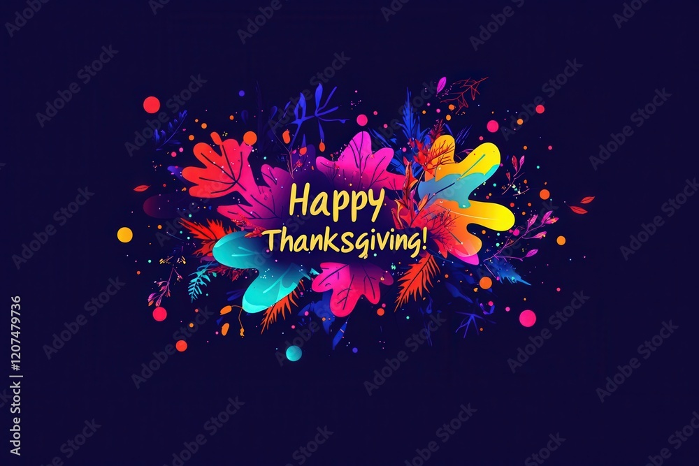 A bright and colorful design features various autumn leaves and shapes with the text wishing everyone a happy Thanksgiving. The vibrant backdrop enhances the festive spirit of the season.