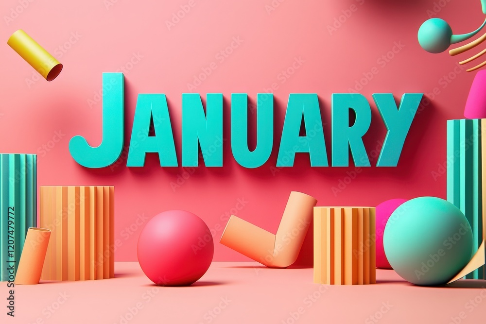 Bright and playful scene showcases the word January in bold letters, surrounded by various geometric shapes in vibrant colors against a soft pink background, creating a cheerful atmosphere.