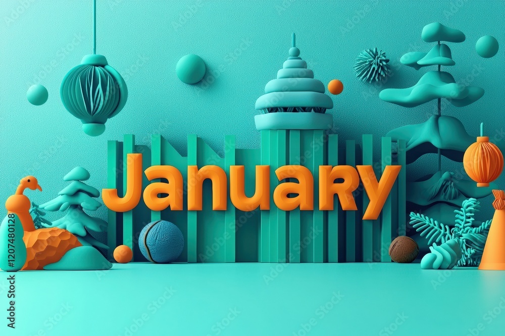 A vibrant arrangement features the word January in bold letters surrounded by playful 3D shapes like trees, lanterns, and decorative elements, capturing the essence of the winter season.