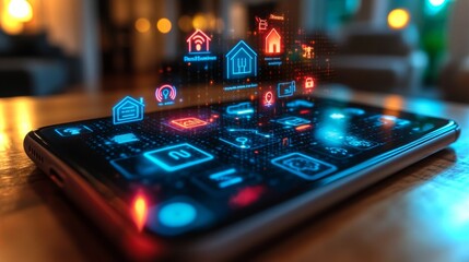 Poster - Glowing holographic smart home control app displayed on a smartphone in a modern living room