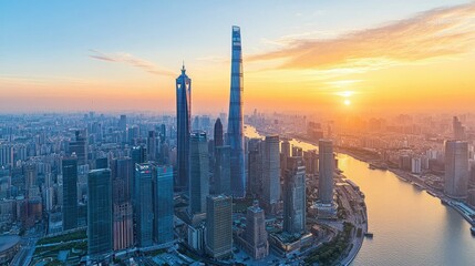 Poster - Aerial view of futuristic cityscape at sunset, highlighting abstract skyscraper geometry with reflective glass surfaces and sharp angles
