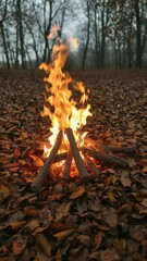 Wall Mural - burning campfire surrounded by fallen leaves on a chilly autumn evening, flames, crackling