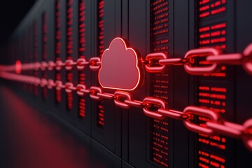 Poster - Cloud Security concept. A futuristic representation of cloud technology, featuring a glowing cloud icon linked by chains against a backdrop of server racks.