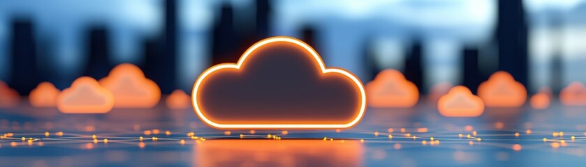 Poster - A glowing cloud symbol against a blurred city skyline, representing cloud computing and digital technology.