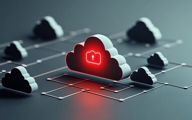Poster - Cloud Security concept. A digital illustration of interconnected cloud icons, featuring a prominent red cloud symbolizing data storage and connectivity.