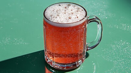 A cinematic close up of root beer fizz bubbling in a glass mug with foam slowly rising catching the warm glow of light rare root beer aesthetic vibrant detail 