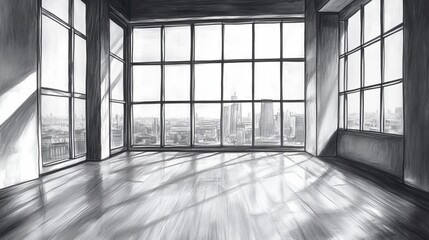 Canvas Print - Drawing of an Empty Room with a Cityscape View Through a Big Window