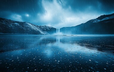 Canvas Print - Dramatic waterfall reflecting in a still lake under a stormy sky.