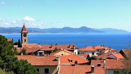 Wall Mural - A small town with a clock tower and a blue ocean in the background. The town is full of houses with red roofs