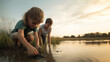 © Meritxell Cid - Children enjoy playing in a serene wetland at sunset while exploring nature and discovering aquatic life. Generative AI