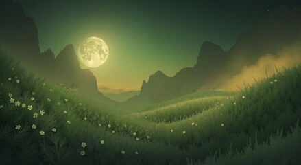 Wall Mural - A moon is shining on a field of flowers. The field is green and the flowers are scattered throughout. The scene is peaceful and serene