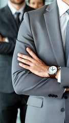 Poster - Group of business professionals in formal attire discussing strategies at a corporate office in the city during daytime hours