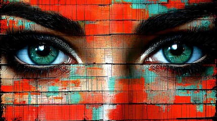 Wall Mural - Emerald gaze abstract portrait with red and blue tones in a geometric pattern