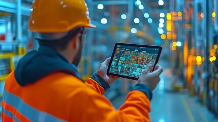 Poster - Construction workers utilize tablets for efficient project management in bright warehouse