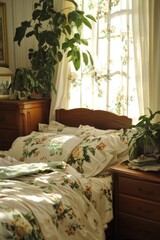 Canvas Print - Sunlit Room Adorned with Floral Bedding and Window-Side Plants