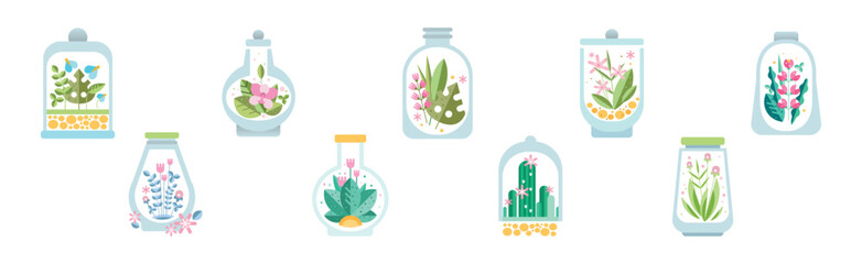 Poster - Home Florarium as Glass Jar with Growing Plant Vector Set