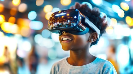 Poster - Black preteen immerses in virtual reality experience at science museum