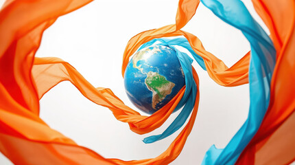 orange and light blue ribbons wrapping around planet earth on white background
