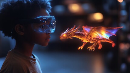 Poster - Preteen engages with virtual reality dragon in immersive gaming adventure