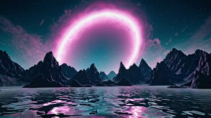 mysterious mountain landscape with glowing pink ring over lake, surreal night scene. fantasy and sci
