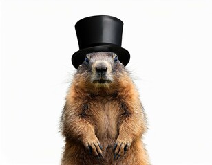 a standing marmot in a black hat marmot in a black top hat groundhog day isolated on white backgroun