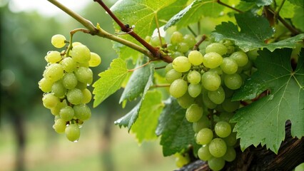 Wall Mural - Close-up of vibrant green grapes and lush leaves on a branch, plant life, foliage, fruiting plants