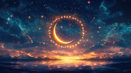 Wall Mural - Crescent moon, starry sky, calm water, sunset.