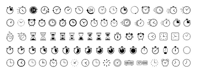 time and clock line icon set. included clock, stopwatch, timer vector icon collection. editable stro