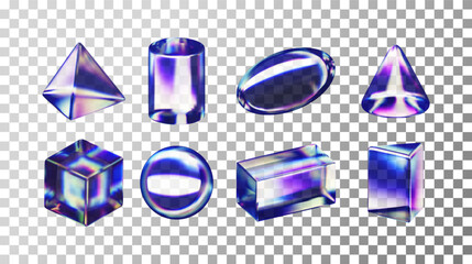 Poster - 3d set of holographic geometric figures. Render collection of glass shapes on transparent background. Cone, cube, cuboid, pyramid, cylinder, sphere, ellipse rainbow gradient. Vector illustration