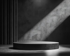 Poster - Dark, moody studio with circular platform, textured wall, and dramatic lighting.