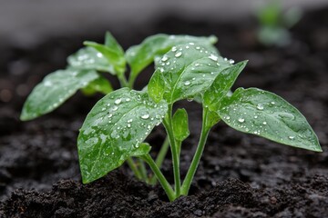 Wall Mural - A close-up of young green plants emerging from the soil, their leaves glistening with water droplets after watering, showcasing growth and vitality in a garden setting.