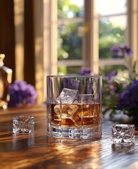 Wall Mural - A wooden barrel supports a whisky glass with ice crystals, beside an unnamed, unmarked whisky bottle