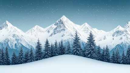 Wall Mural - A serene winter landscape featuring snow-covered mountains and evergreen trees under a clear blue sky.