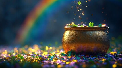 Sticker - A minimalistic scene featuring a pot filled with clovers and sparkling dust, with a colorful rainbow arching in the background