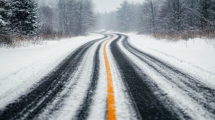 Wall Mural - A snow-covered road winds through a winter landscape, with trees lining the sides and soft snowfall creating a serene atmosphere.