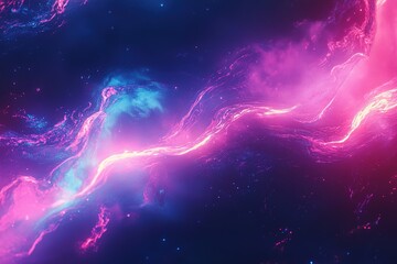 Poster - A dynamic background showcases flowing neon liquid lines in electric blue, pink, and purple, creating a sense of movement. The dark gradient provides ample space for text overlay